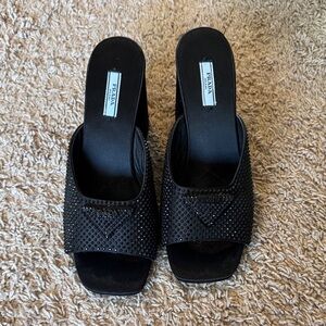 Prada satin crystal embellished Women's Black Studded Mules
